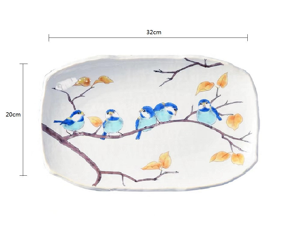 2023025 Kutani-Ware No.10.7 32*20cm Chickadees Plate 1Pcs/Unit