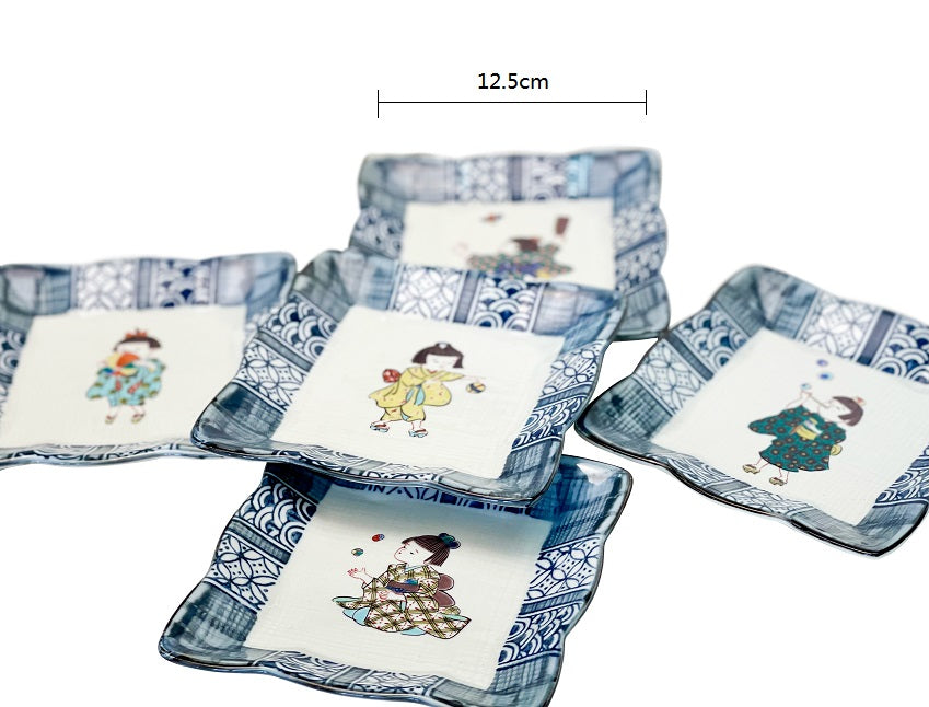 2023019set Kutani-Ware No.4.2 Girl Square Dish 5Pcs/Unit