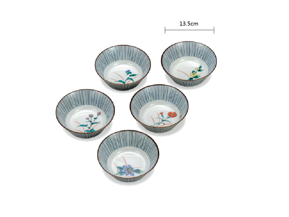 2023212 Kutani-Ware No.4.5 Grass And Flower 13.5*5cm Small Bowl 5Pcs/Unit