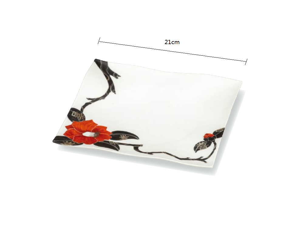 2023214 Kutani-Ware No.7 Red Flowers 21*2.5cm Square Plate