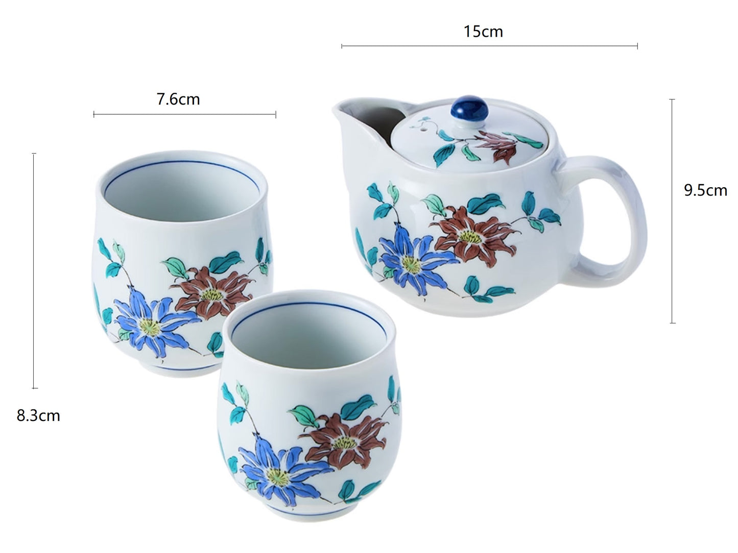 2023391set Kutani-Ware Grass And Flower One Pot 360ml Two Cups 7.6*8.3cm+7.2*7.5cm With Gift Box