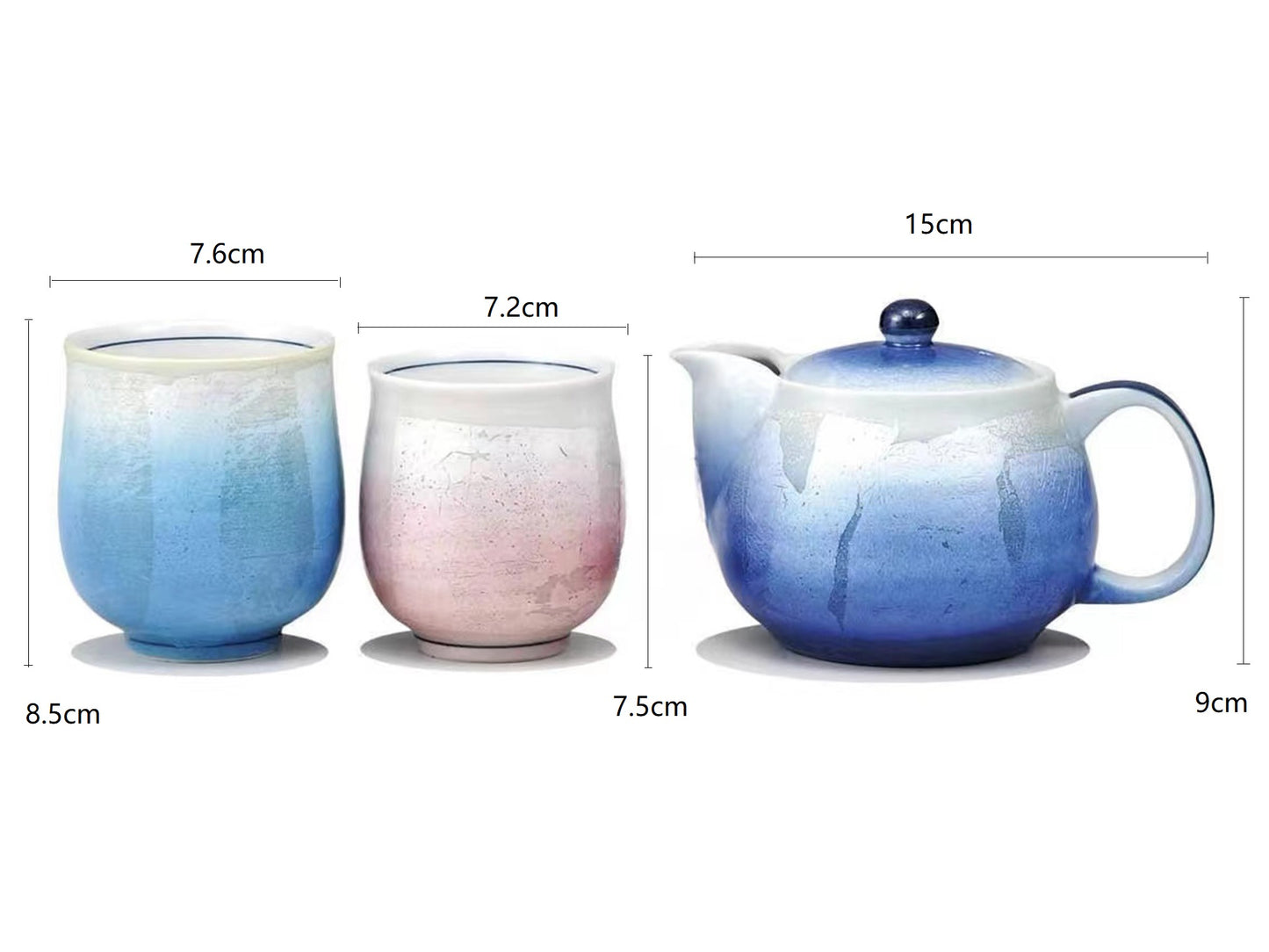 2023393set Kutani-Ware Silver Color One Pot 360ml 2 Cups 7.6*8.5cm+7.2*7.5cm With Gift Box