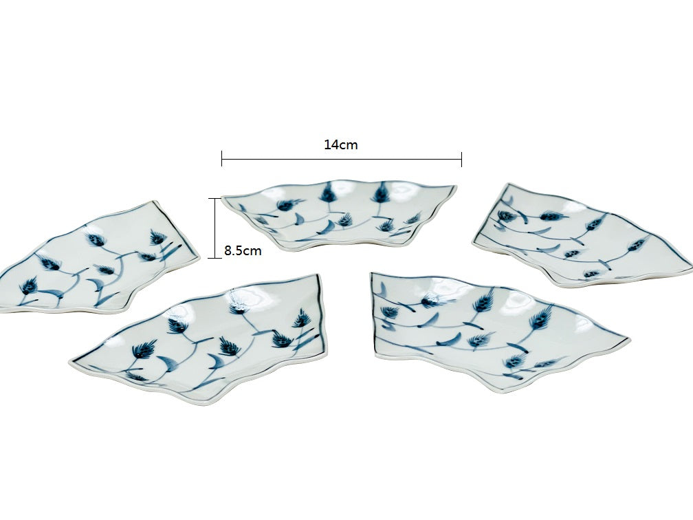 2023017set Kutani-Ware Blue And White Trapezoidal Plate 5Pcs/Unit